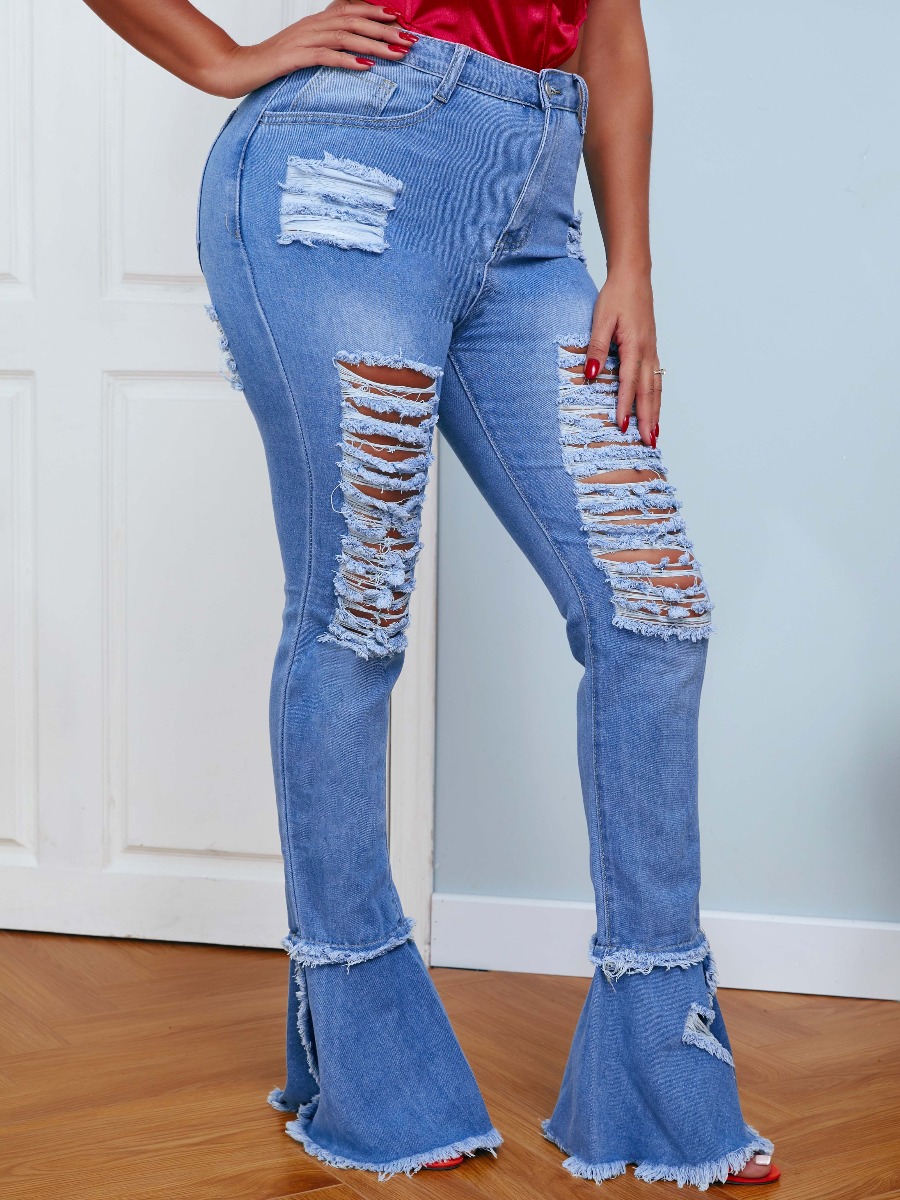 

LW Stylish Broken Holes Torn Edges Deep Blue Jeans
