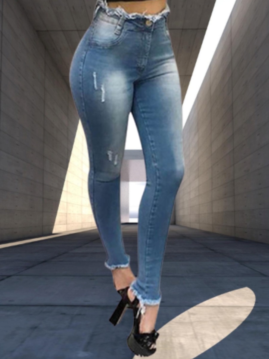 

lovely Trendy Torn Edges Deep Blue Jeans