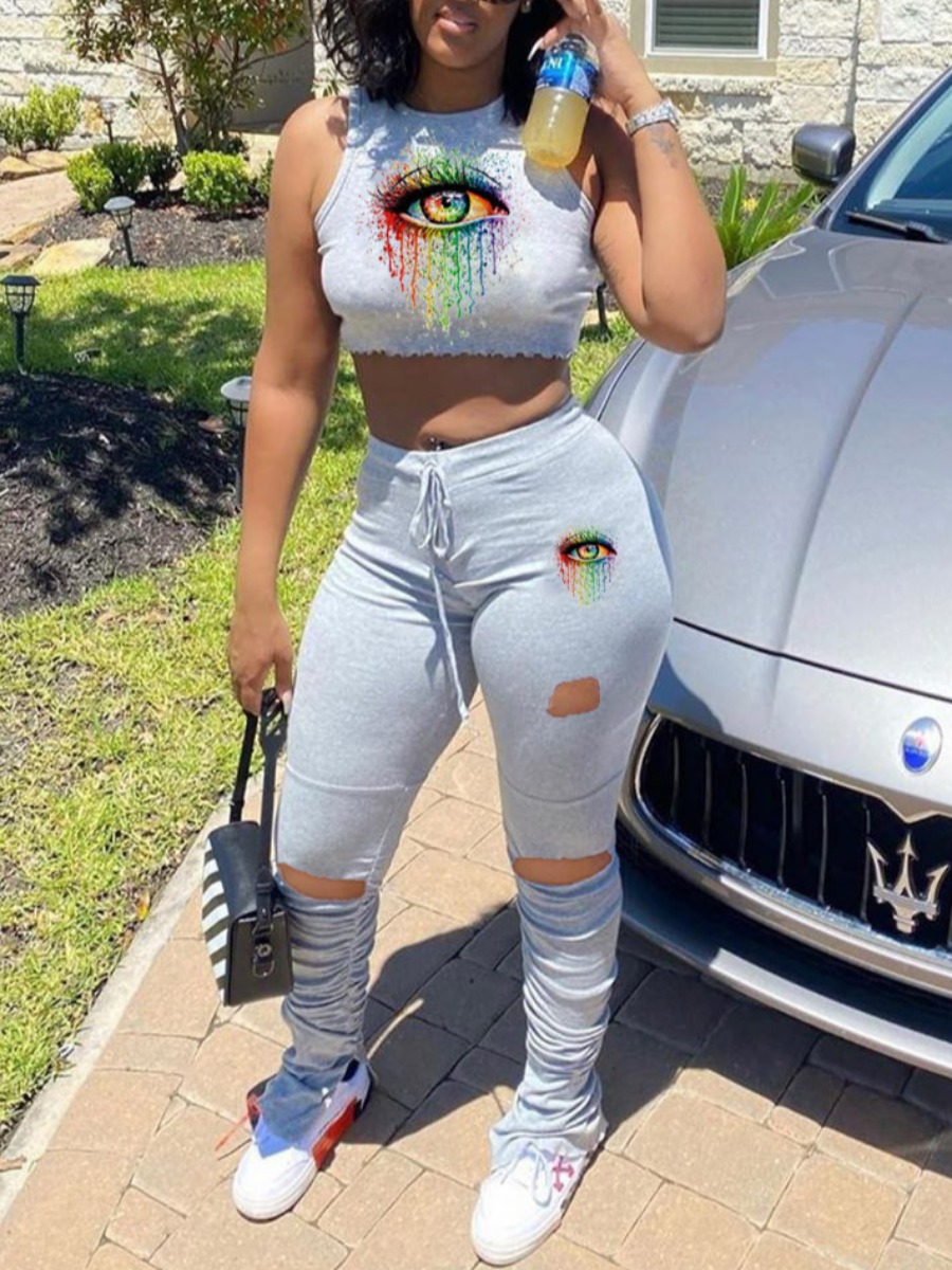 

lovely Casual Lip Print Grey Two Piece Pants Set