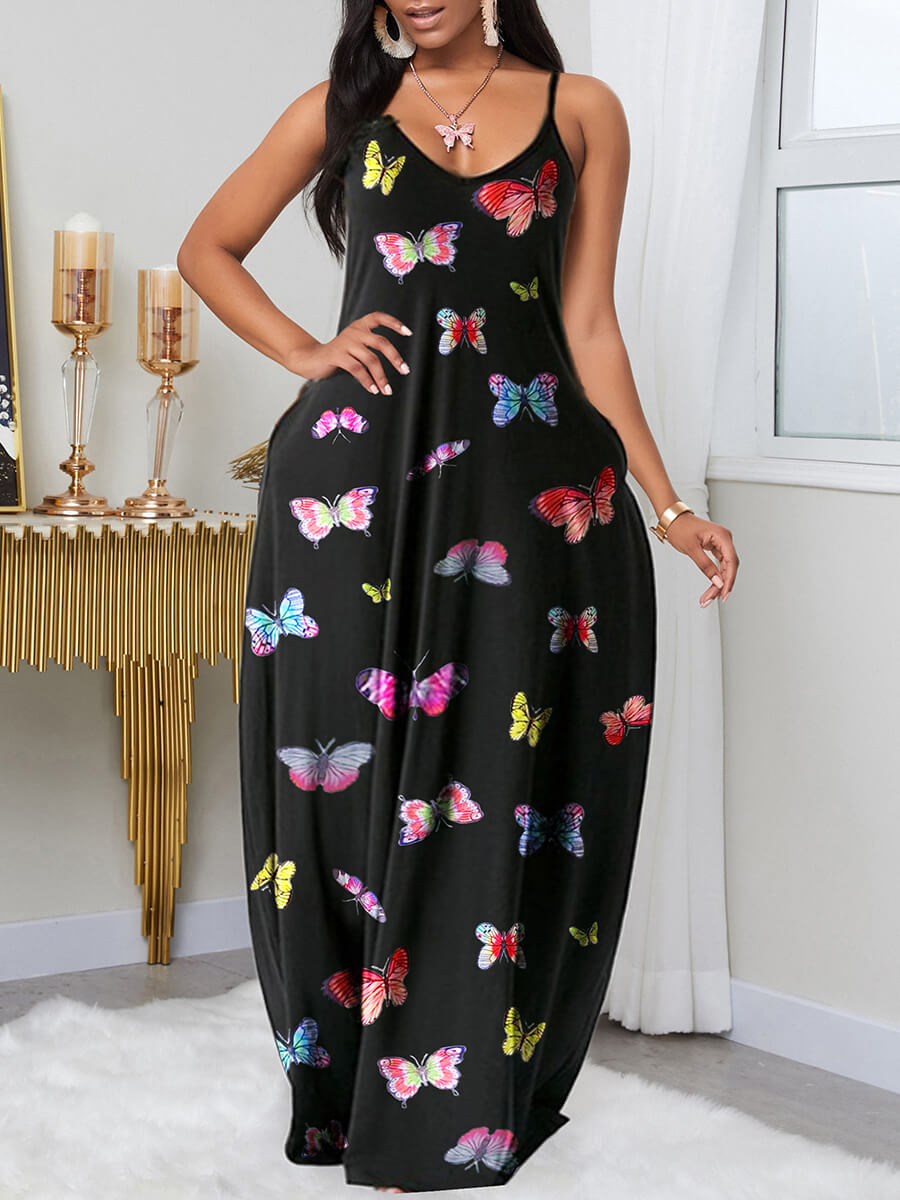 

Lovely Casual Butterfly Print Black Maxi Dress