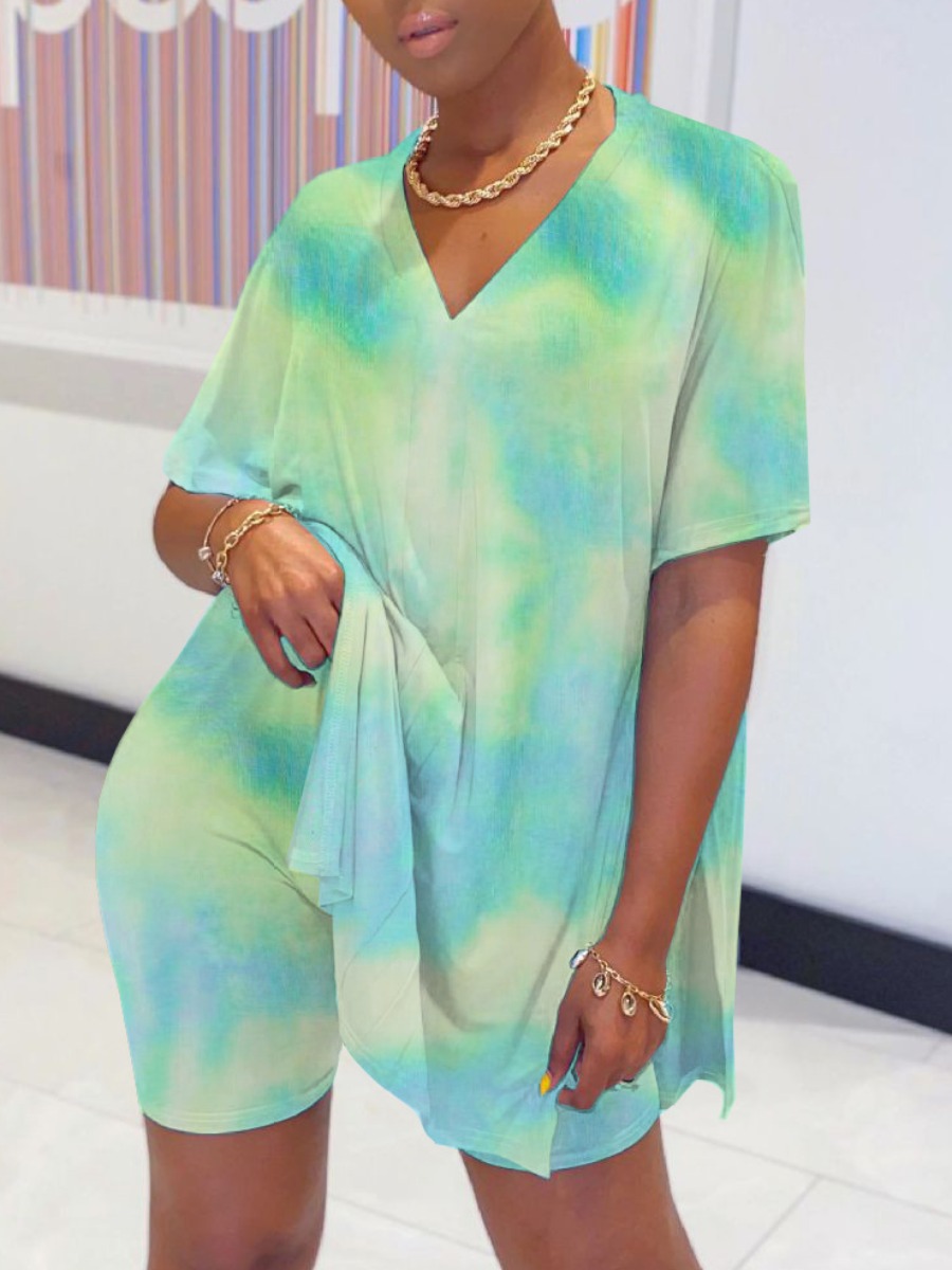 

lovely Street V Neck Tie Dye Side Slit Blue Two Piece Shorts Set