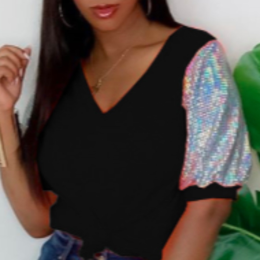 

lovely Street V Neck Patchwork Black T-shirt