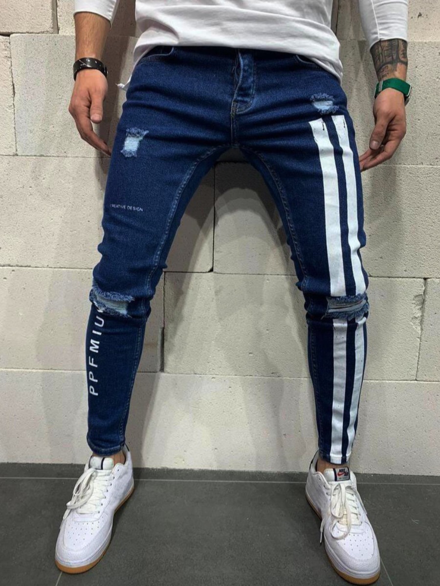 

lovely Street Striped Broken Holes Deep Blue Jeans