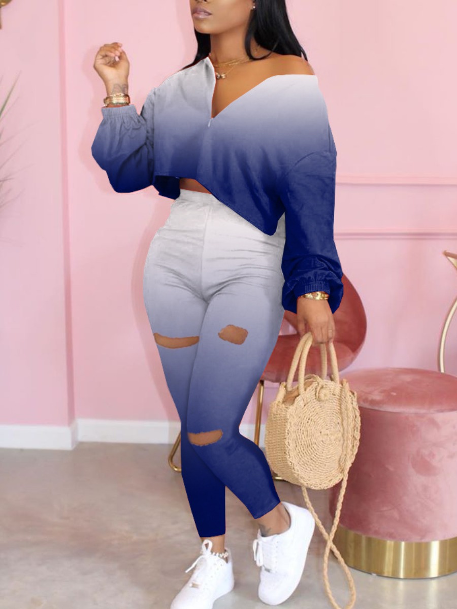 

Lovely Trendy Gradual Change Blue Two Piece Pants Set