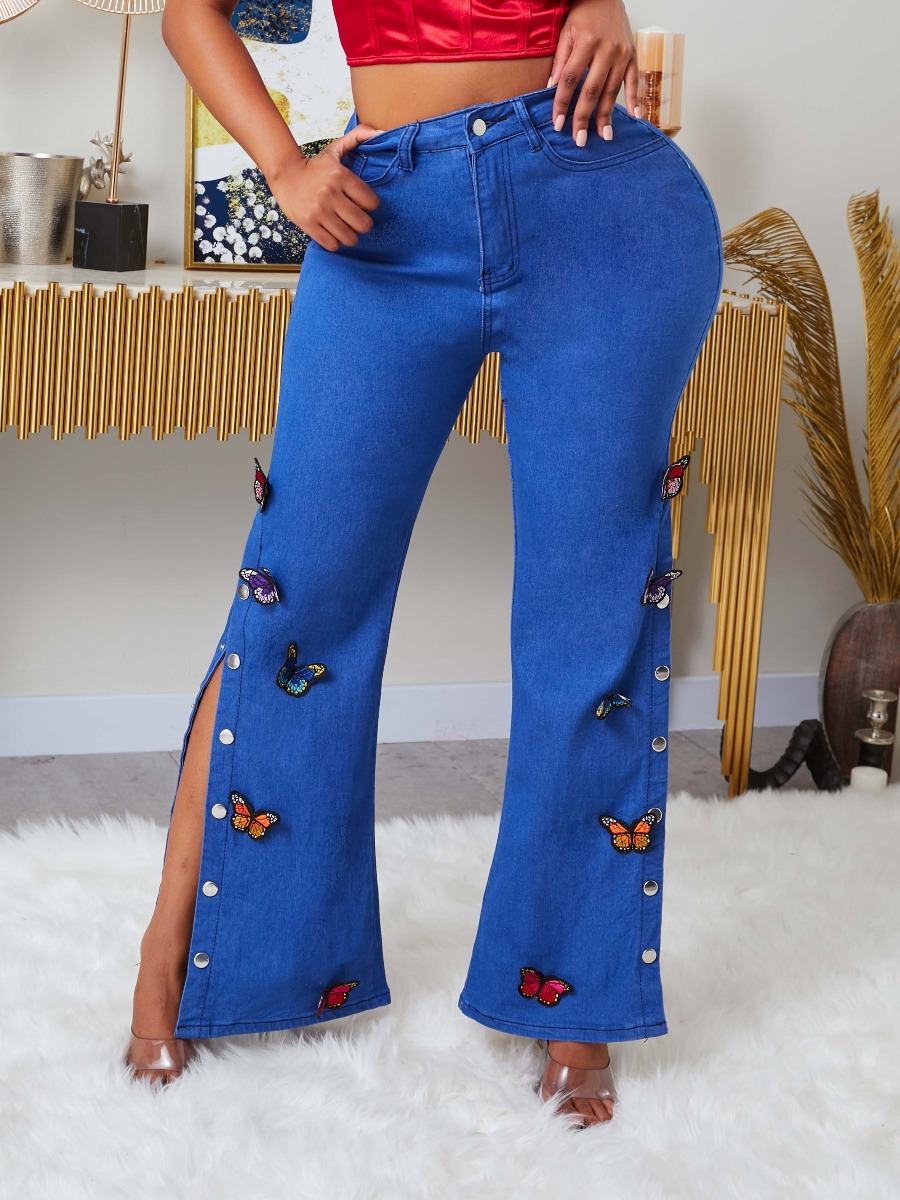 

lovely Trendy Butterfly Side Slit Deep Blue Jeans