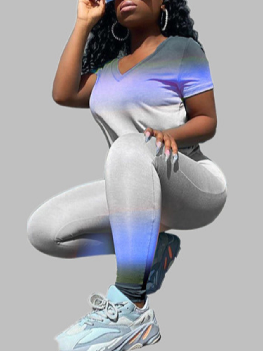 

lovely Sportswear V Neck Tie Dye Blue Two Piece Pants Set