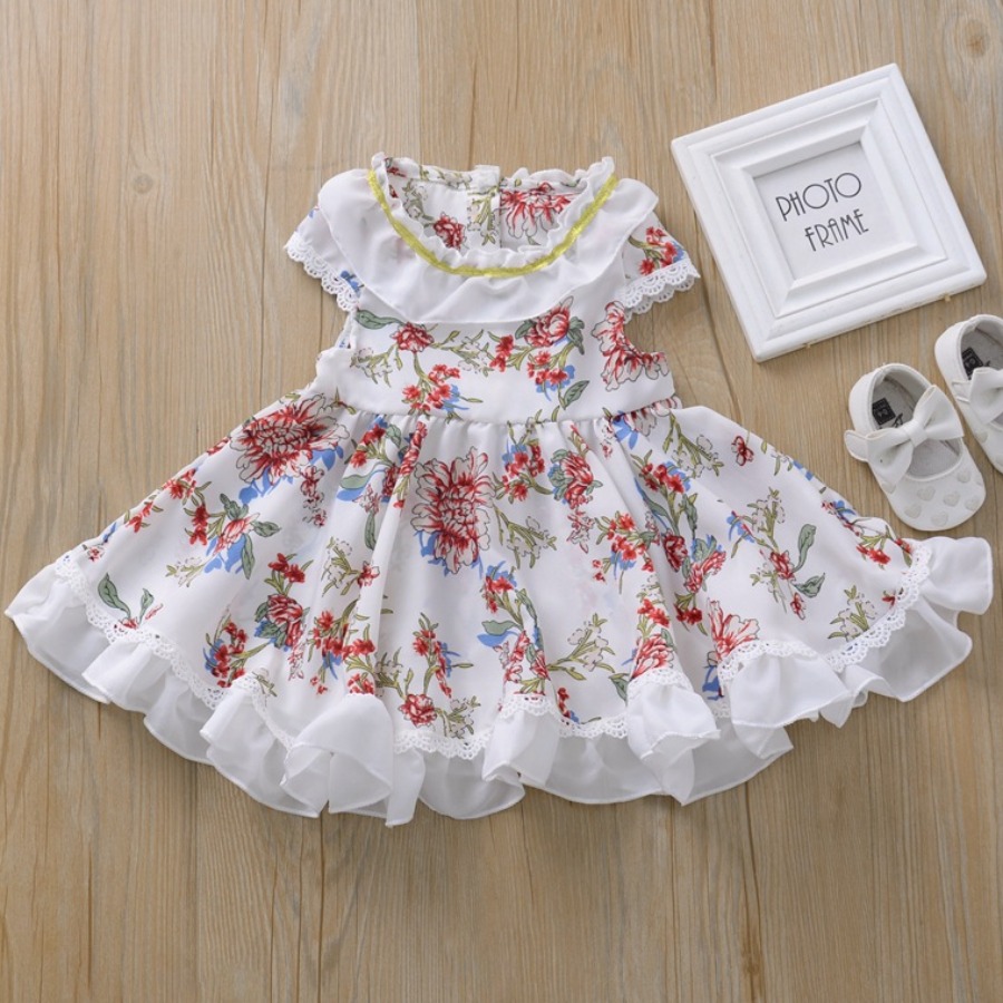 

lovely Trendy Plants Print Patchwork White Girl Knee Length Dress