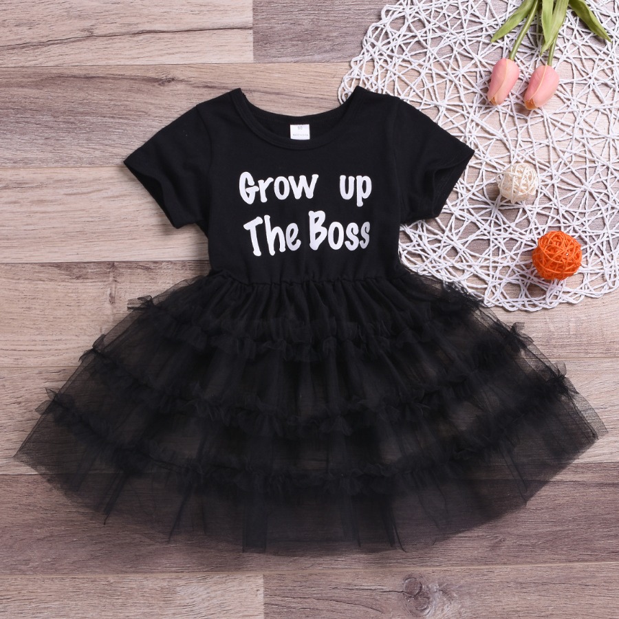 

Lovely Casual O Neck Letter Print Black Girl Knee Length Dress