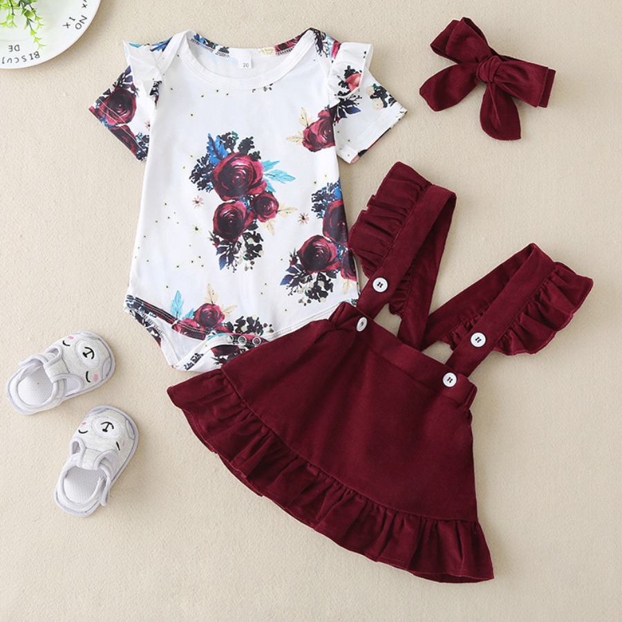 

Lovely Sweet Print Fold Design Wine Red Girl Two-piece Skirt Set