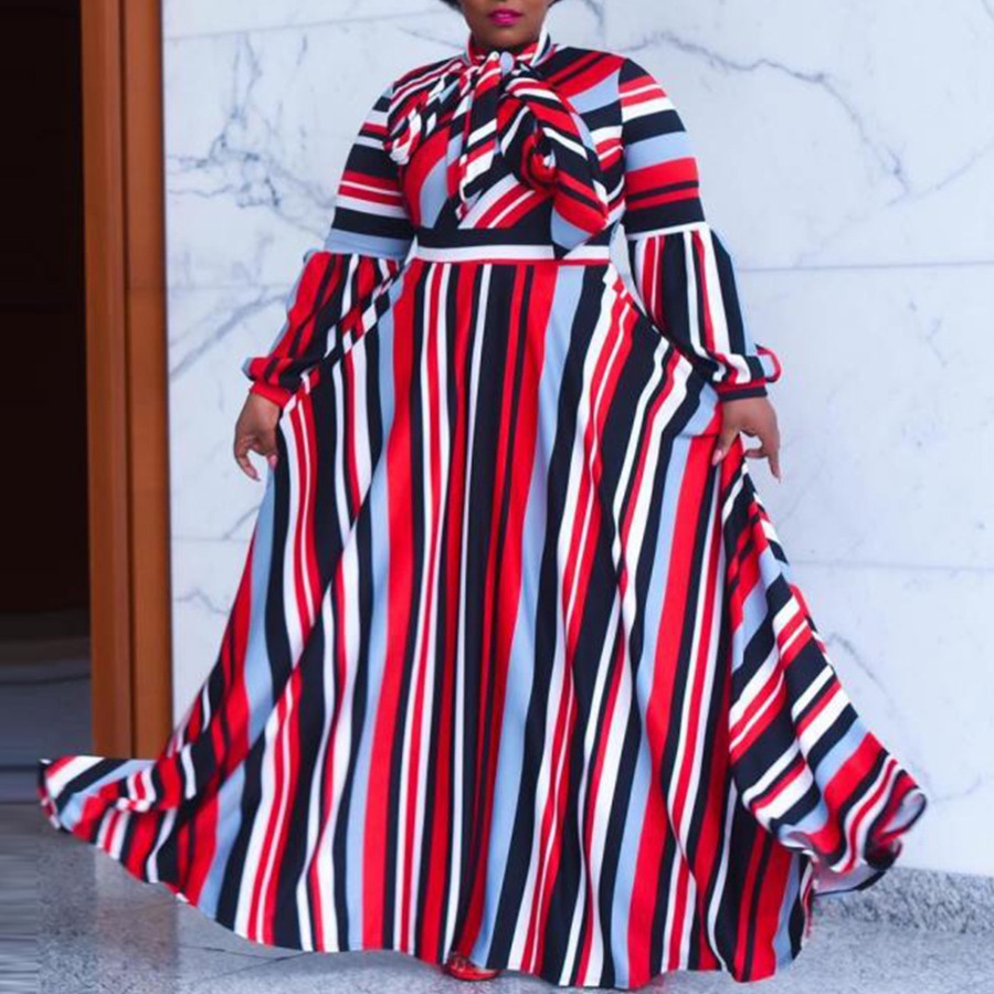 

lovely Bohemian Striped Print Red Maxi Plus Size Dress