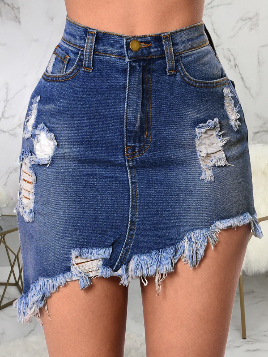 

lovely Casual Broken Holes Asymmetrical Deep Blue Plus Size Denim Skirt