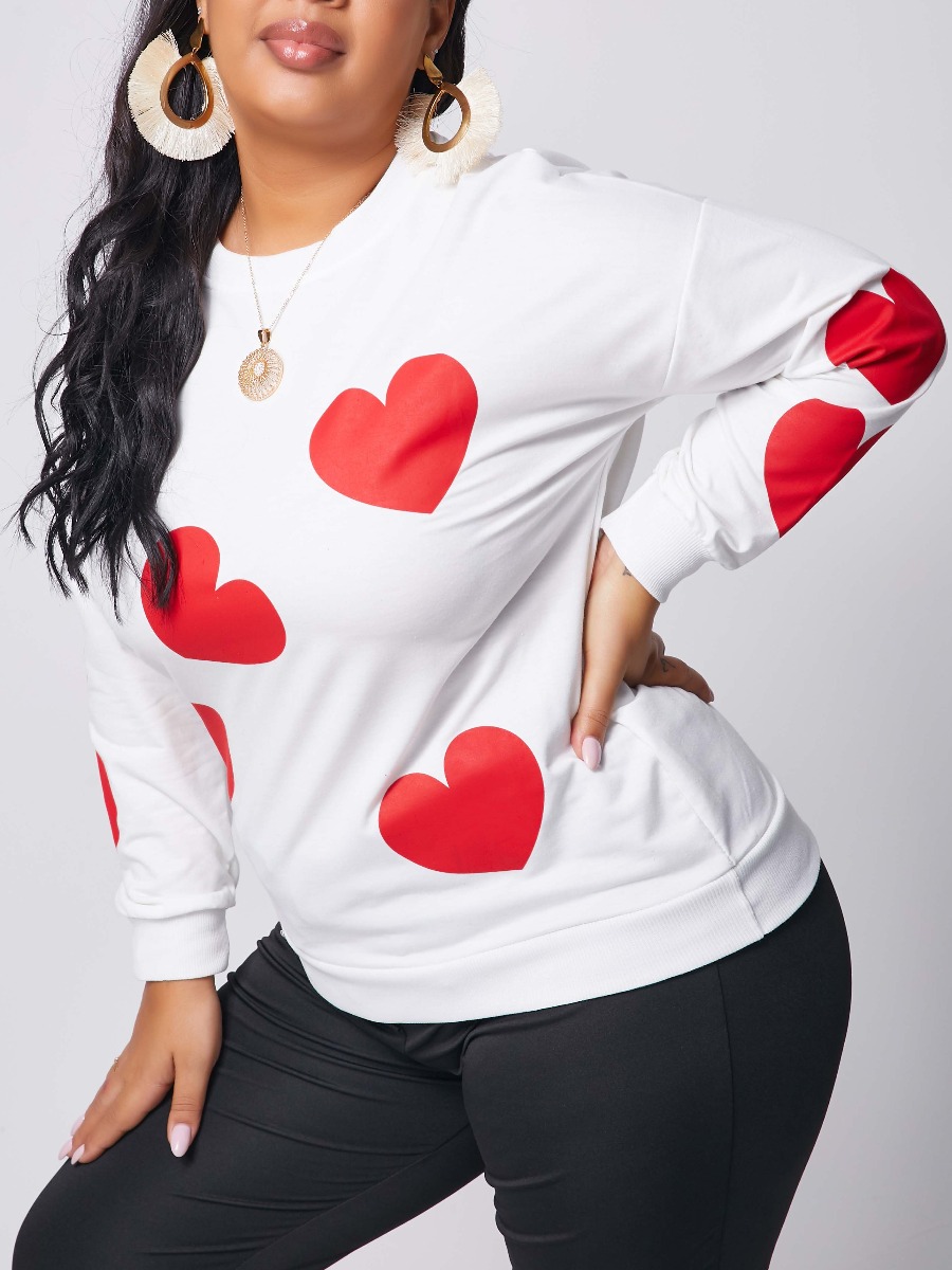 

lovely Casual O Neck Heart Print White Plus Size Hoodie
