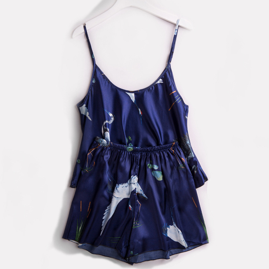 

lovely Sexy Spaghetti Strap Print Navy Blue Sleepwear