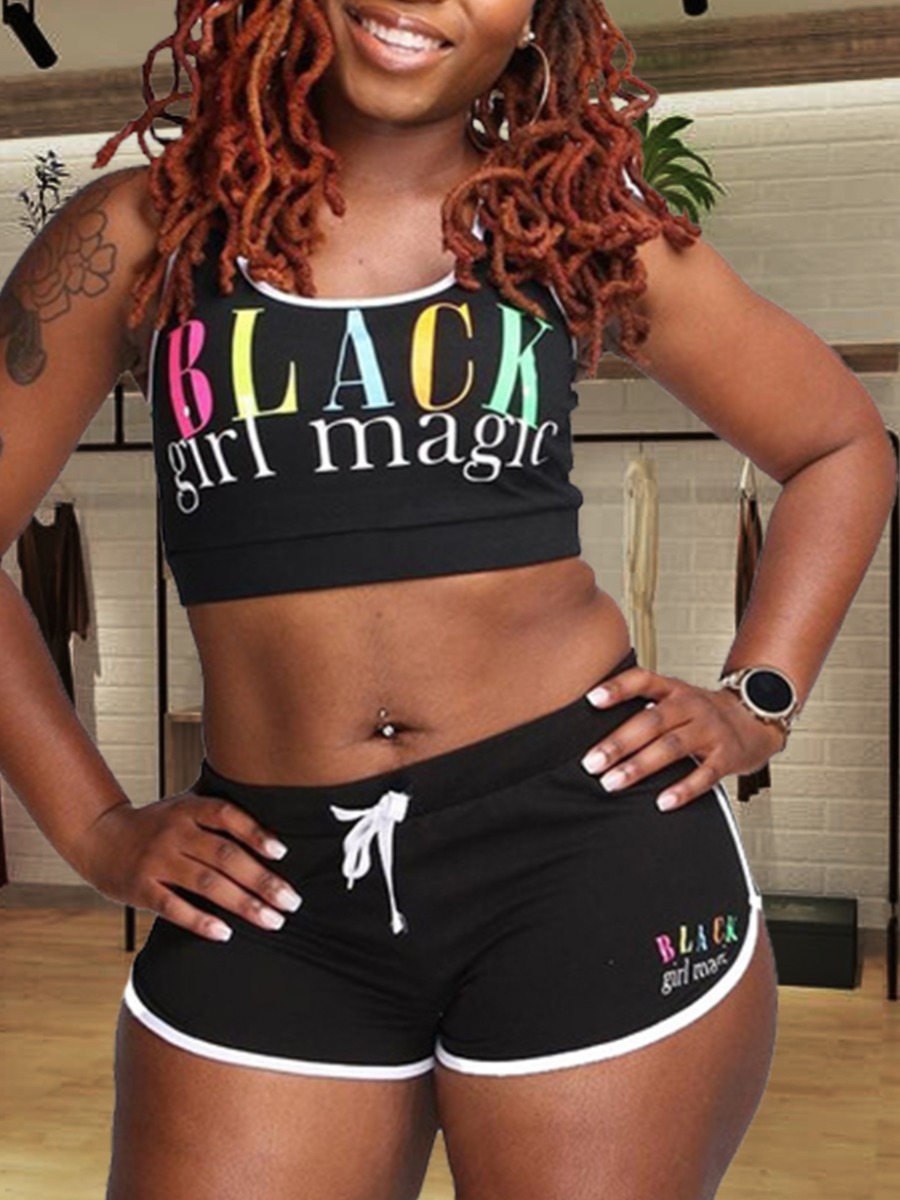 

lovely Sportswear U Neck Letter Print Black Two Piece Shorts Set