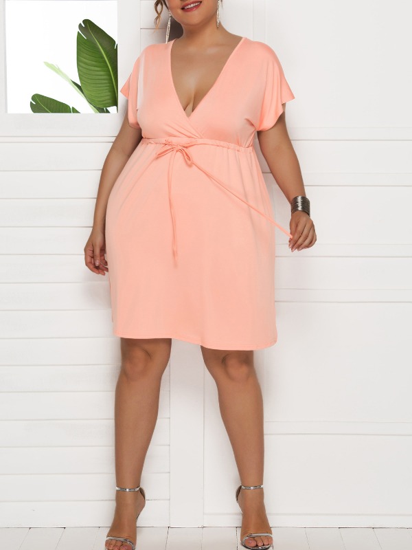 

lovely Casual Deep V Neck Lace-up Pink Mini Plus Size Dress