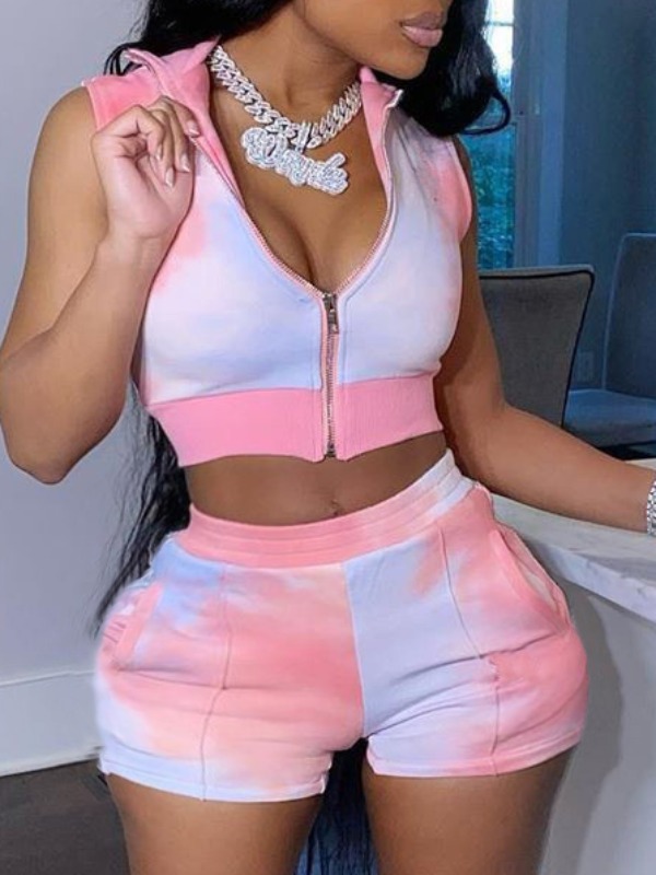 

lovely Casual Tie-dye Zipper Design Pink Plus Size Two-piece Shorts Set