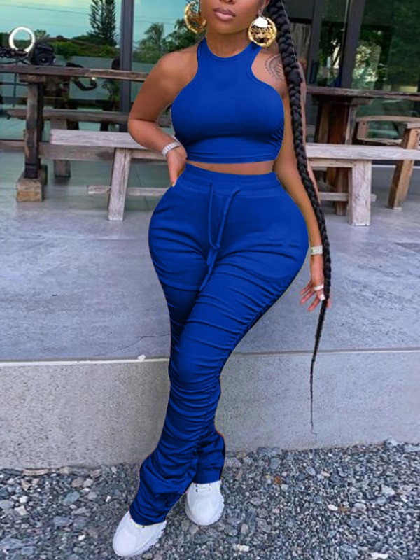 

Lovely Stylish Fold Design Blue Plus Size Two-piece Pants Set