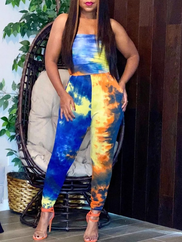 

lovely Trendy Dew Shoulder Tie-dye Blue One-piece Jumpsuit