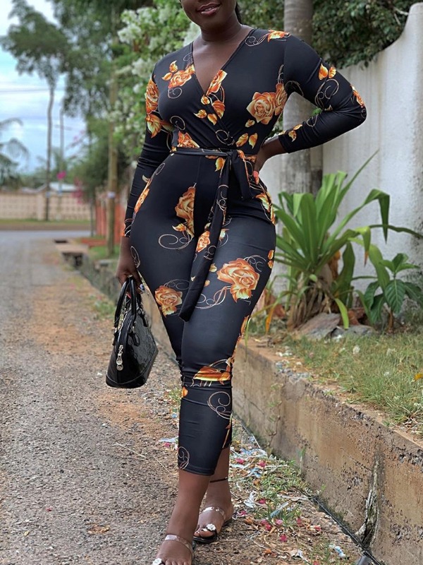 lovely Trendy V Neck Print Black One-piece Jumpsuit