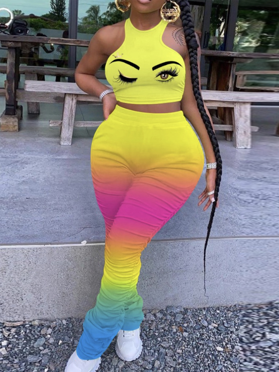 

lovely Casual Gradual change Print Yellow Plus Size Two-piece Pants Set