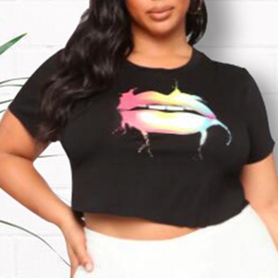 

lovely Casual O Neck Lip Print Black Plus Size T-shirt
