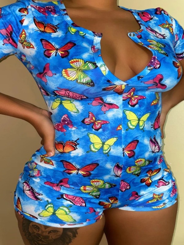 

lovely Sportswear Butterfly Print Blue One-piece Romper