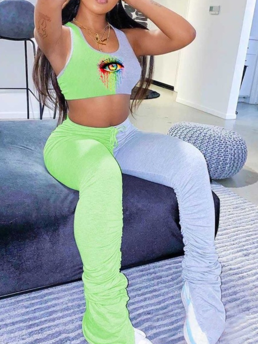 

lovely Sportswear U Neck Eye Print Green Two Piece Pants Set