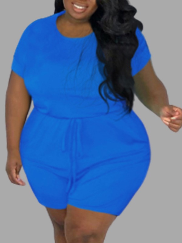 

lovely Leisure Lace-up Blue Plus Size One-piece Romper