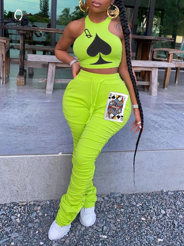 

lovely Casual Print Fold Design Green Plus Size Two-piece Pants Set