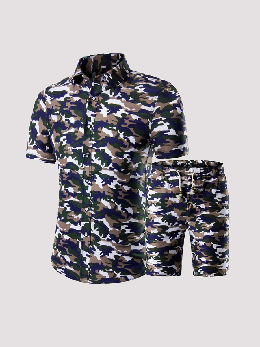 

Lovely Leisure Turndown Collar Camo Print Two-piece Shorts Set