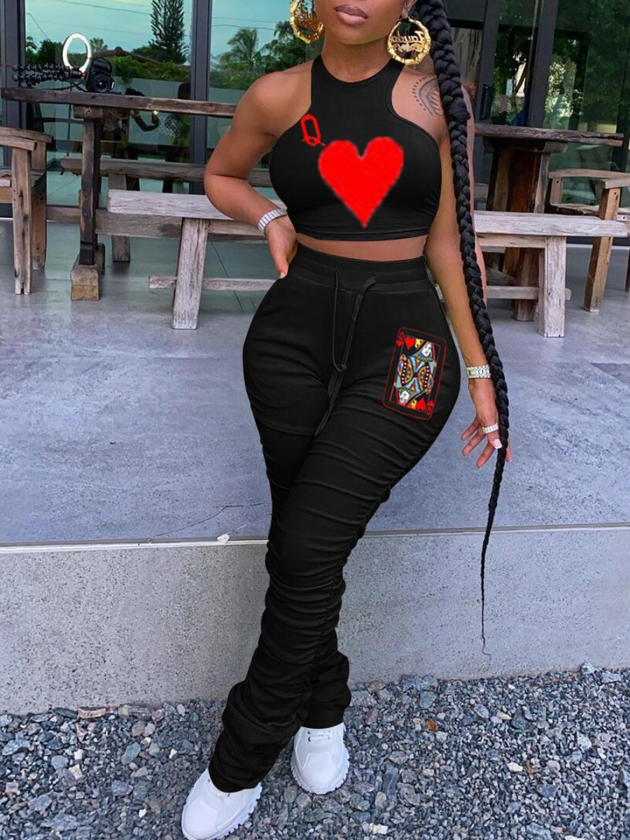 

Lovely Casual Print Fold Design Black Plus Size Two-piece Pants Set