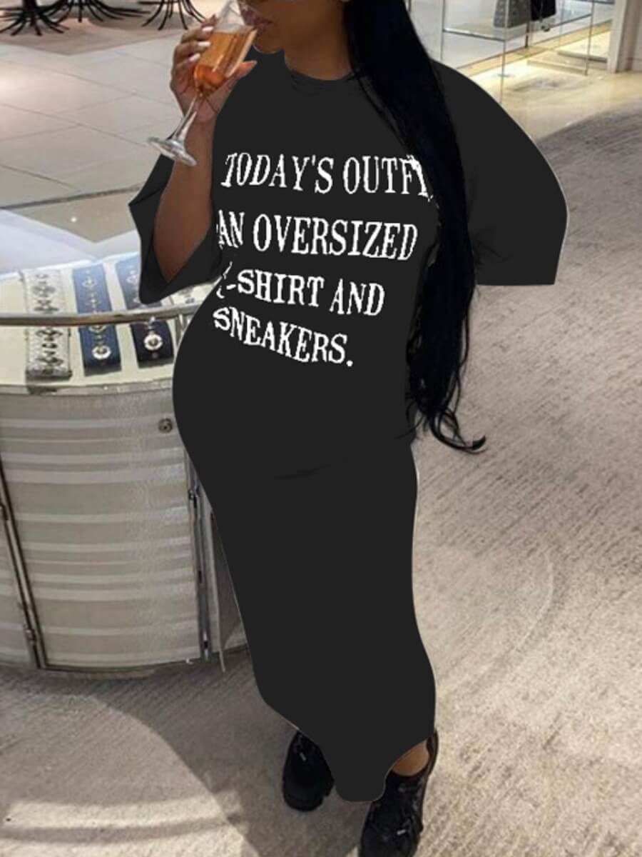 

Lovely Casual O Neck Letter Print Black Ankle Length Dress