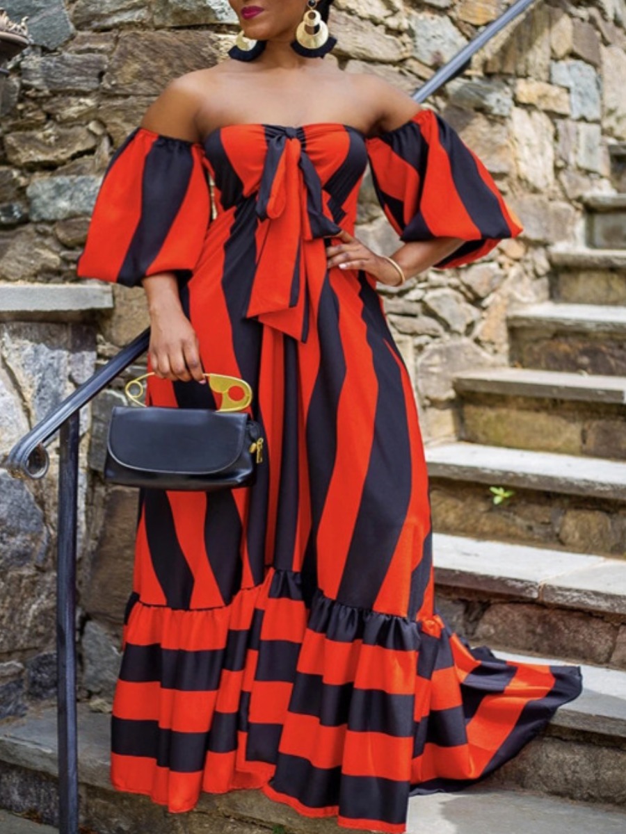 

Lovely Bohemian Dew Shoulder Striped Red Maxi Dress