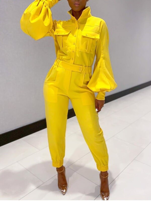 

Lovely Stylish Puffed Sleeves Buttons Design Yellow One-piece Jumpsuit