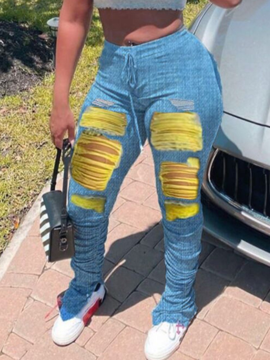 

Lovely Street Broken Holes Fold Design Yellow Jeans