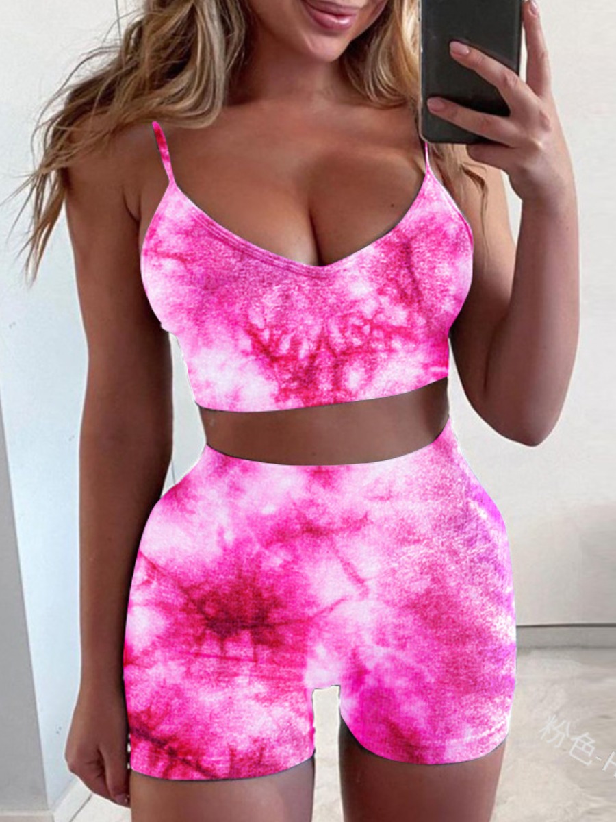 

lovely Sportswear Spaghetti Strap Tie-dye Rose Red Two-piece Shorts Set