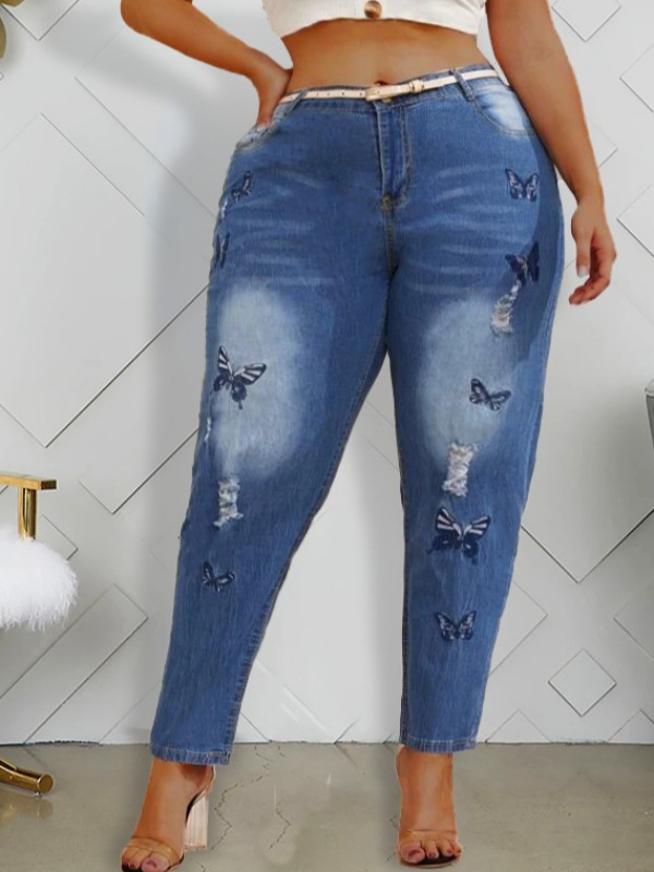 

lovely Casual Butterfly Print Deep Blue Plus Size Jeans