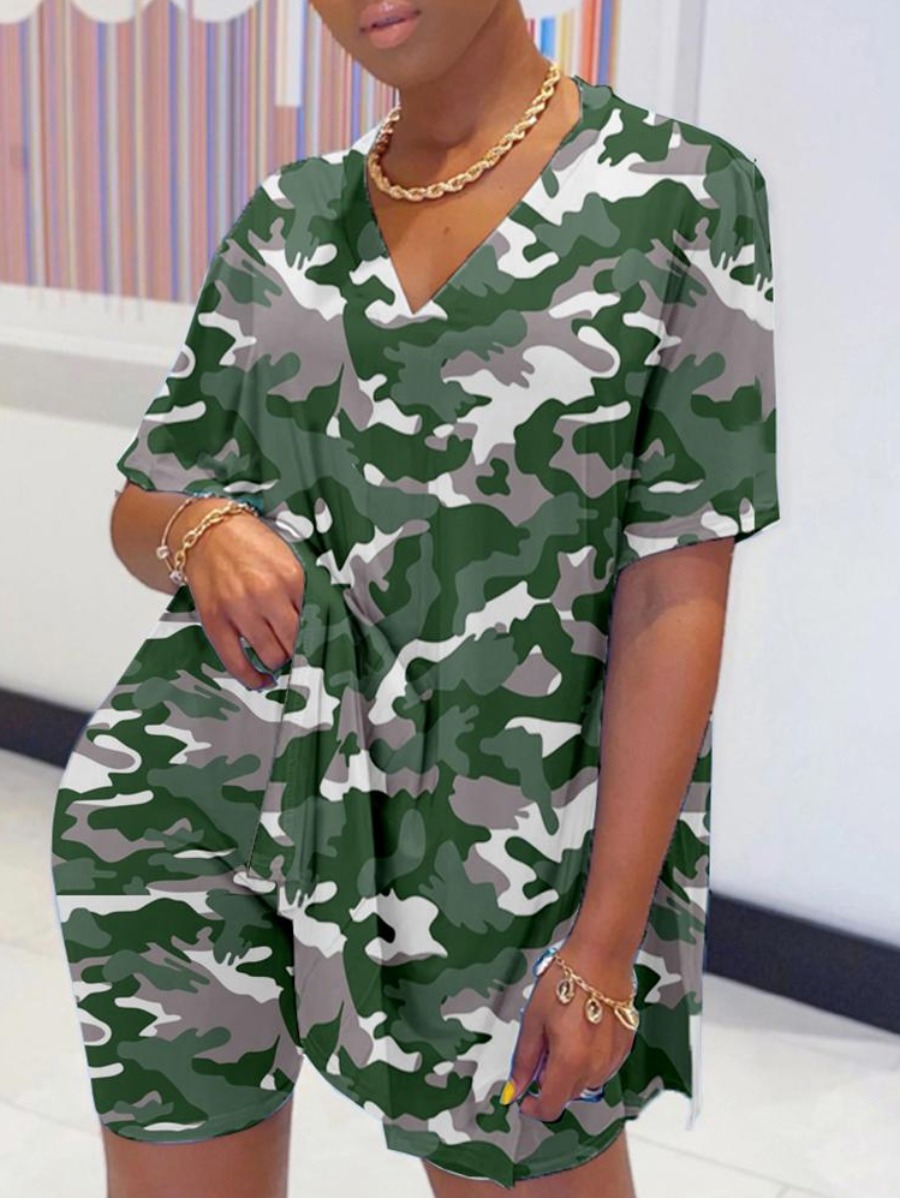 

lovely Leisure V Neck Camo Print Green Loungewear