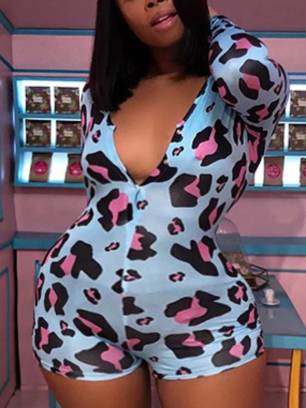 

Lovely Stylish Print Blue Plus Size One-piece Romper
