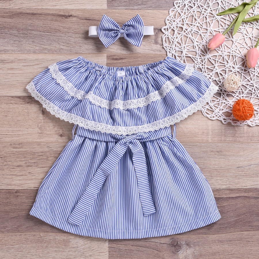 

Lovely Sweet Lace Hem Striped Baby Blue Girl Mini Dress
