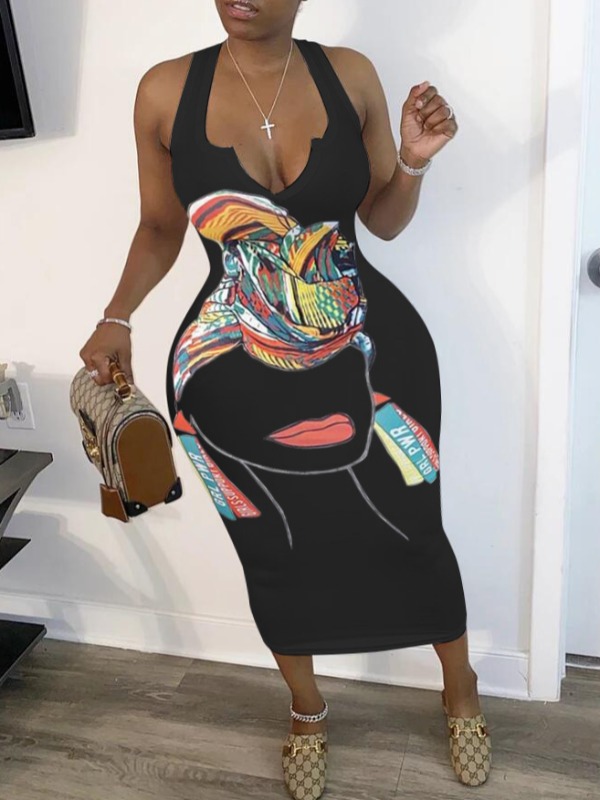 

lovely Street Print Black Mid Calf Plus Size Dress