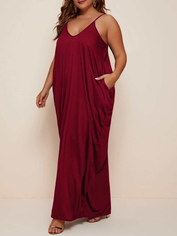 

lovely Casual Spaghetti Strap Fold Design Red Maxi Plus Size Dress