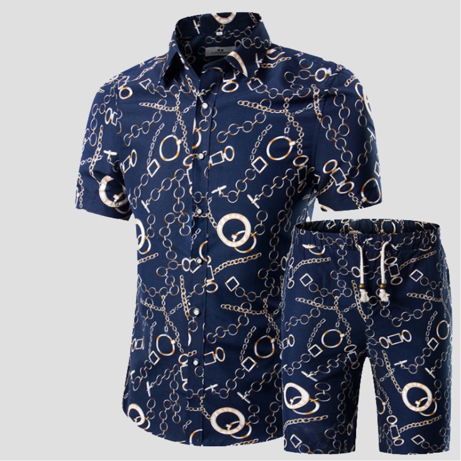 

Men Lovely Leisure Print Navy Blue Two-piece Shorts Set
