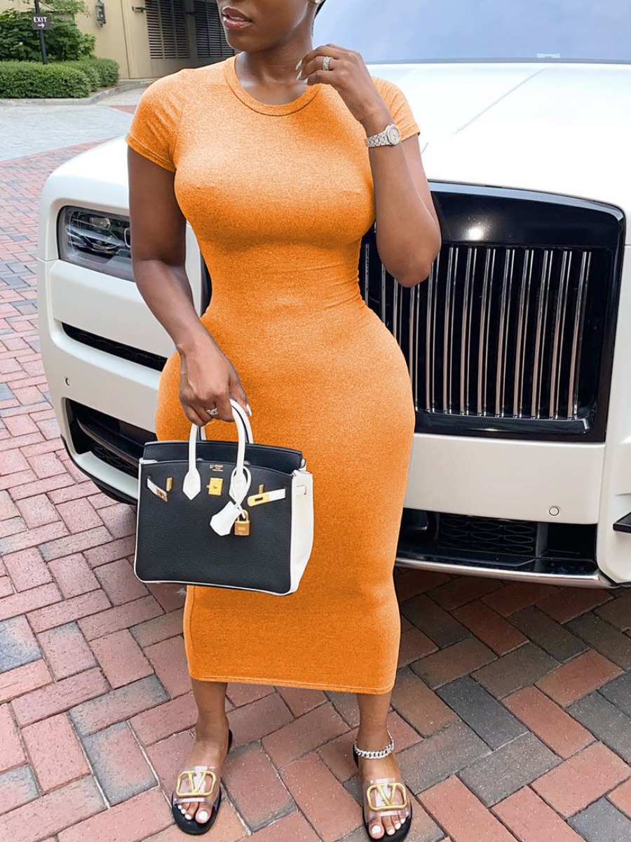 

Lovely Casual O Neck Skinny Orange Mid Calf Dress