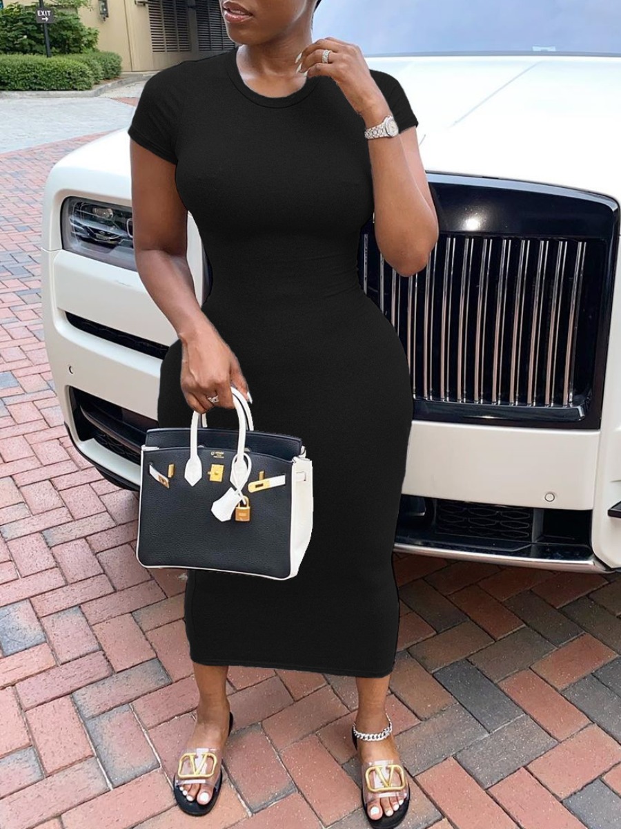 

Lovely Casual O Neck Skinny Black Mid Calf Dress