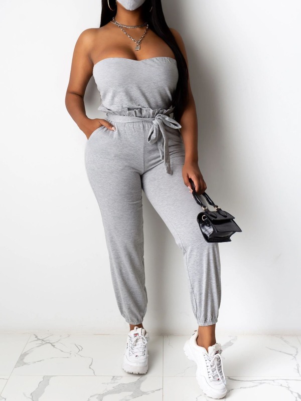 

lovely Leisure Dew Shoulder Lace-up Grey Two Piece Pants Set