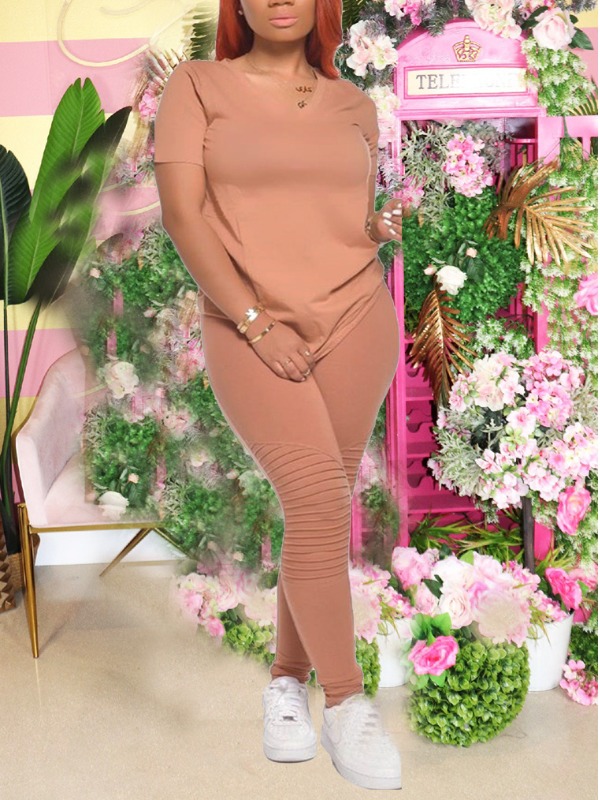 

lovely Leisure O Neck Fold Design Dusty Pink Two Piece Pants Set