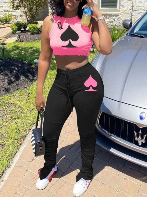 

lovely Leisure Print Pink Two Piece Pants Set