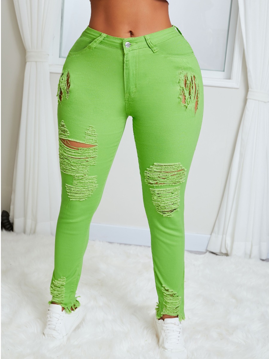 

lovely Street Broken Holes Grass Green Jeans