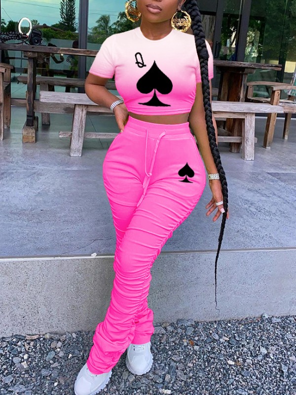 

lovely Street O Neck Print Fold Design Pink Two Piece Pants Set
